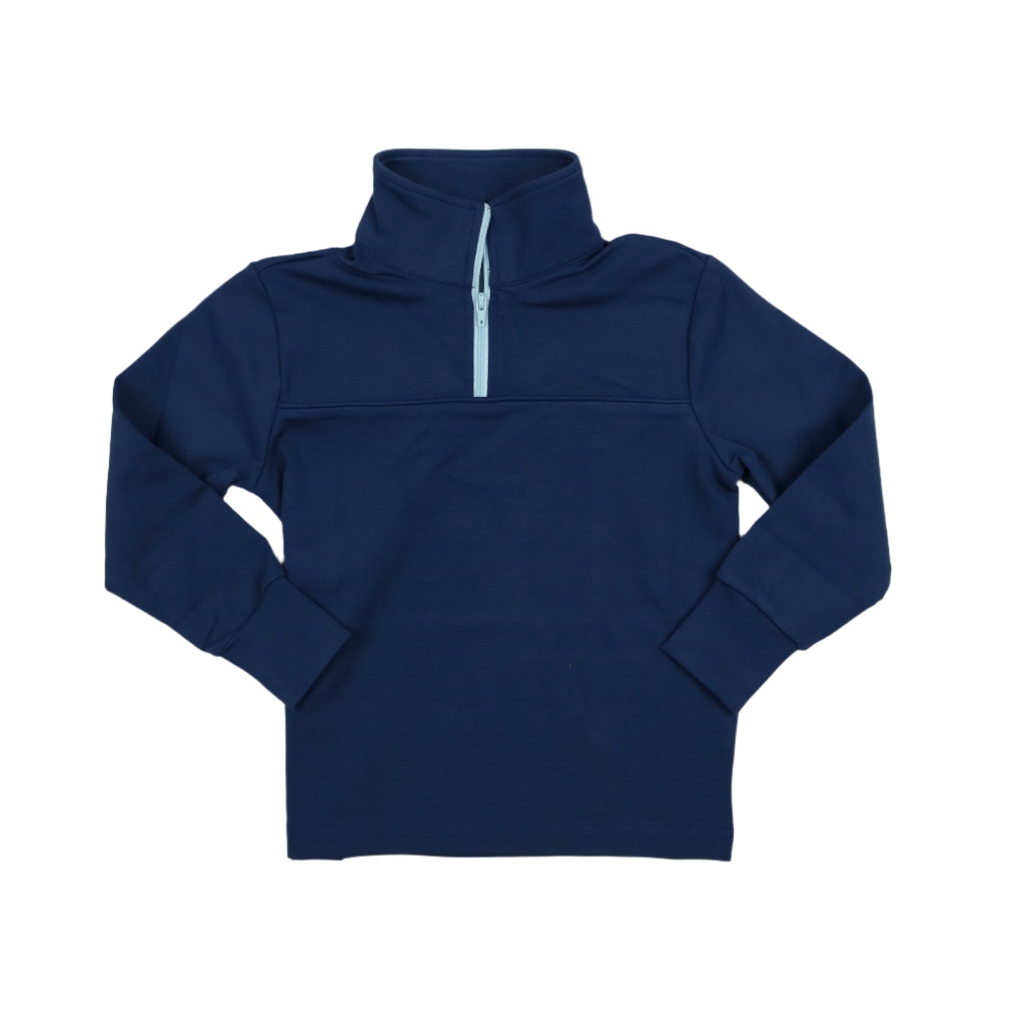 Youth navy blue quarter-zip performance pullover with light blue zipper detail