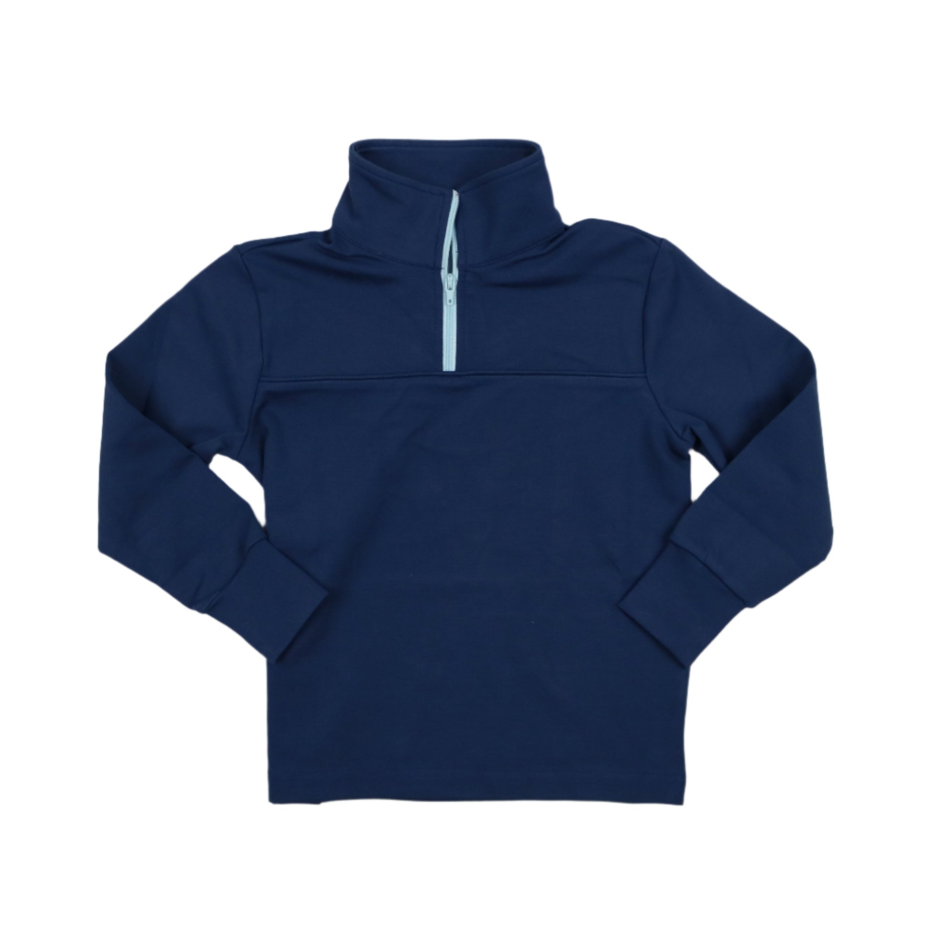 Youth navy blue quarter-zip performance pullover with light blue zipper detail