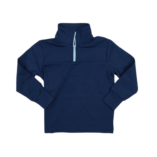 Youth navy blue quarter-zip performance pullover with light blue zipper detail