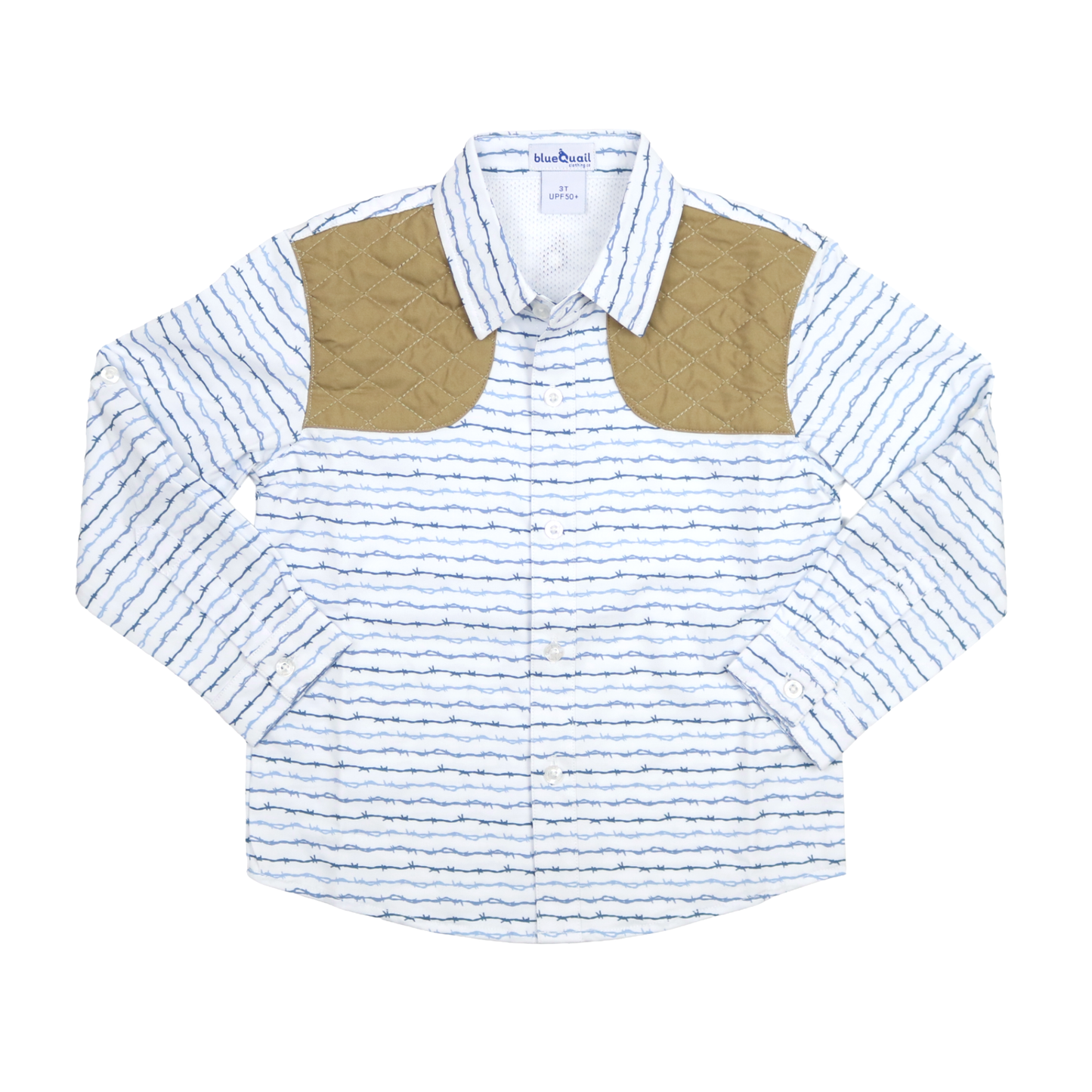 White long sleeve youth shirt with barbwire print and tan quilted shoulder patches