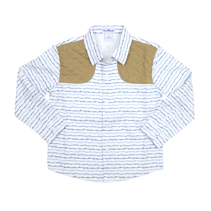 White long sleeve youth shirt with barbwire print and tan quilted shoulder patches