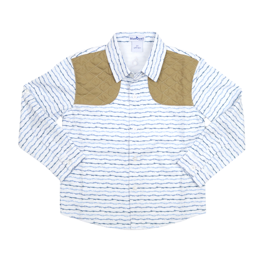White long sleeve youth shirt with barbwire print and tan quilted shoulder patches