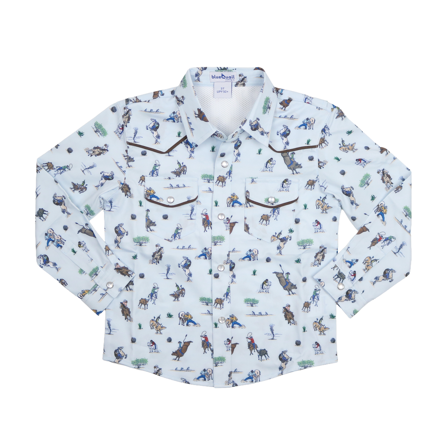Light blue long sleeve pearl snap shirt with allover rodeo cowboy print for youth