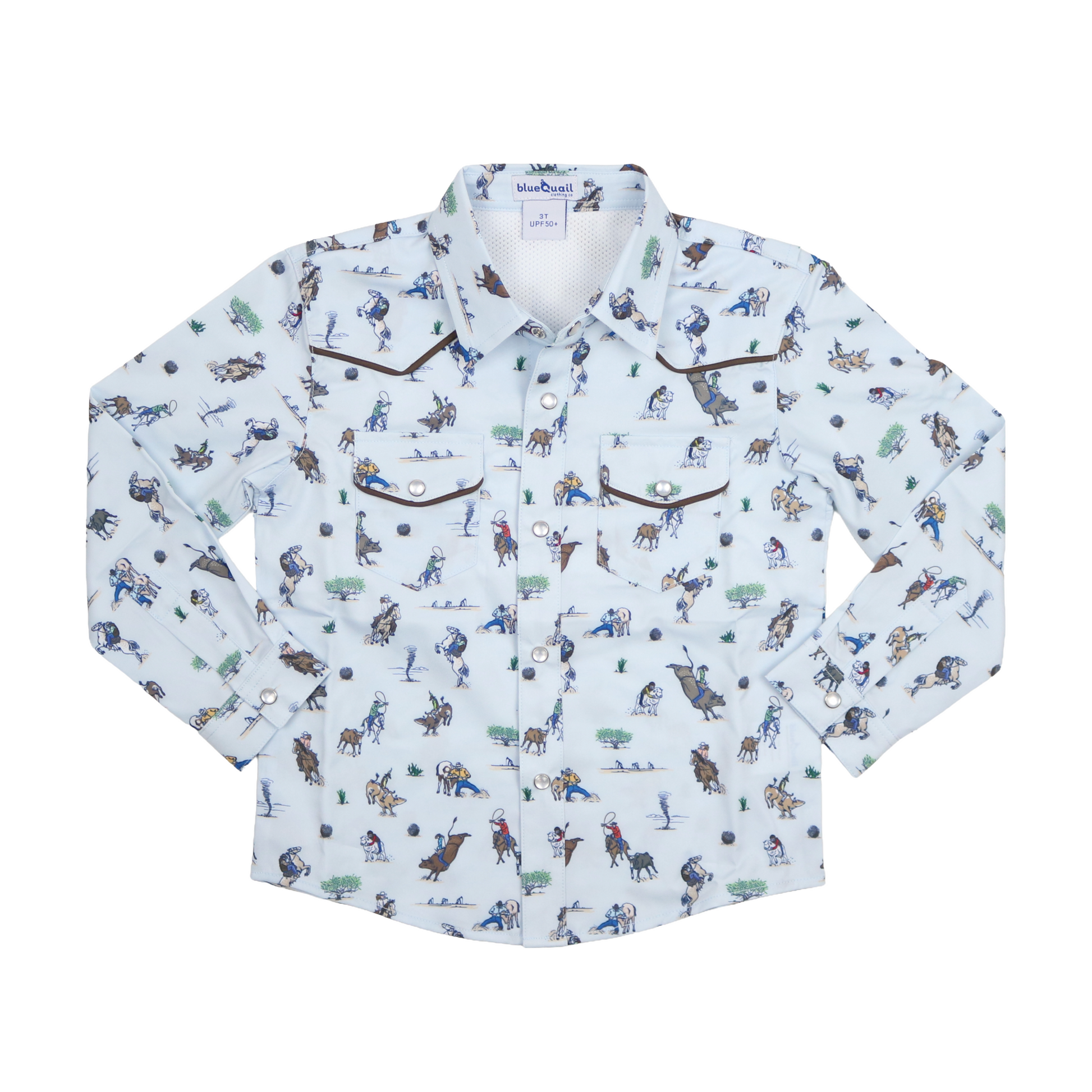 Light blue long sleeve pearl snap shirt with allover rodeo cowboy print for youth