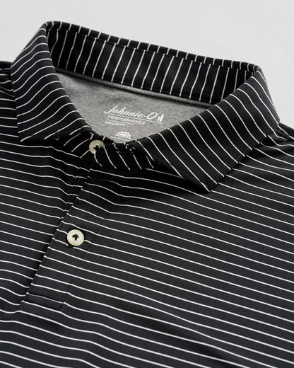 Johnnie-O black performance polo shirt with white pinstripes and button collar