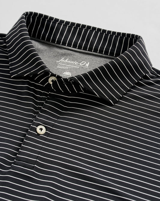 Johnnie-O black performance polo shirt with white pinstripes and button collar