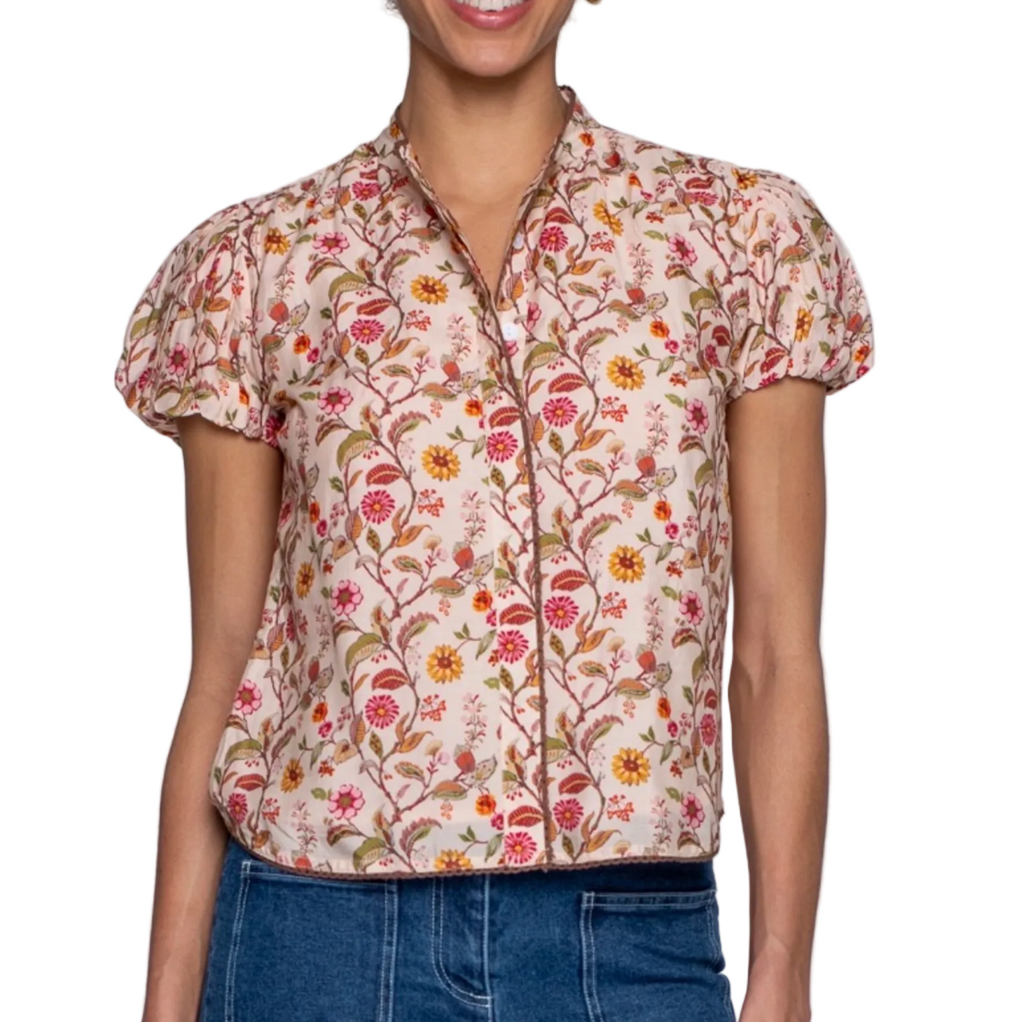 Women's cream short sleeve button-up blouse with colorful floral botanical print