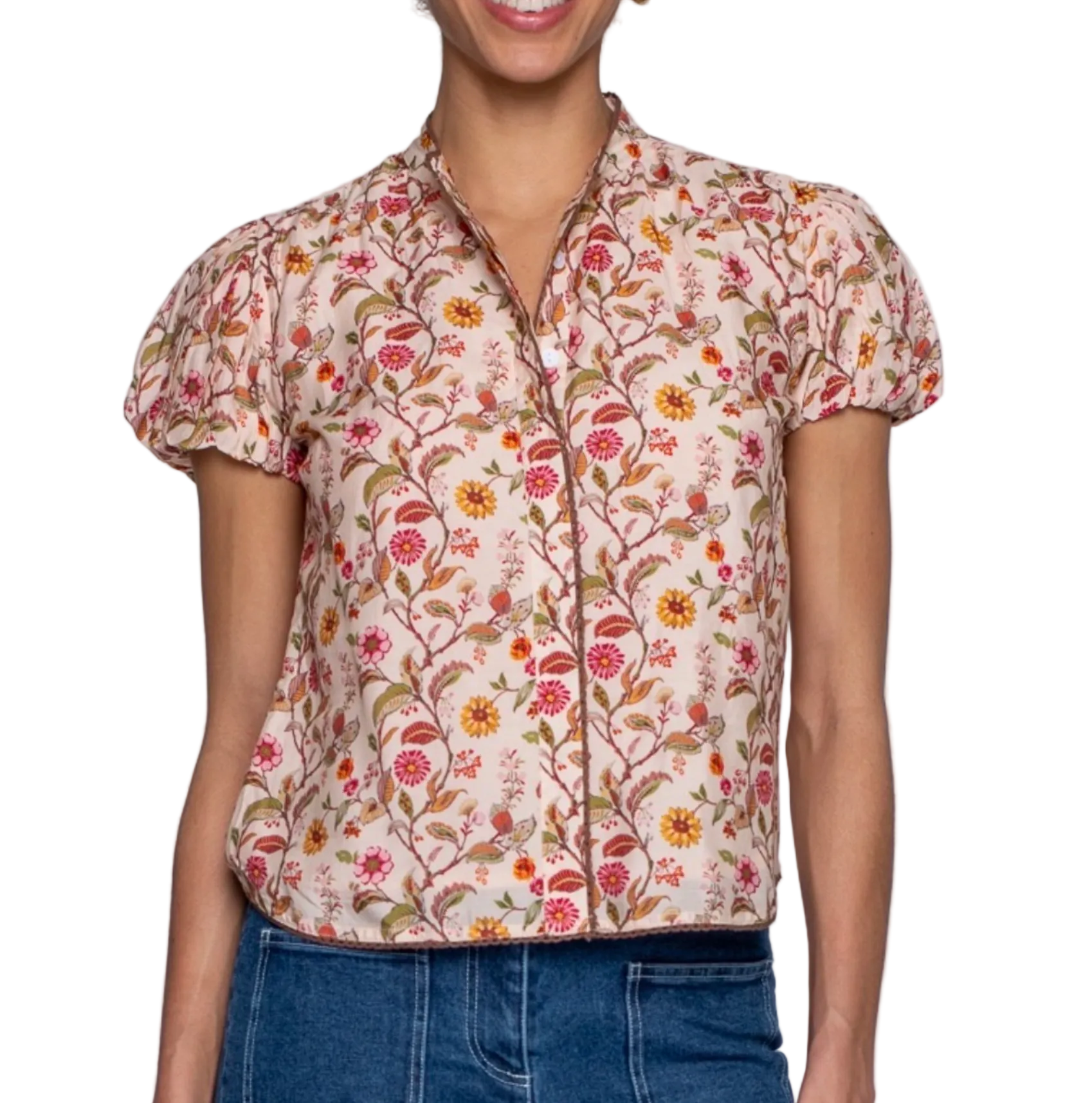 Women's cream short sleeve button-up blouse with colorful floral botanical print