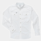 White long sleeve button-up fishing shirt with dual chest pockets and snap buttons