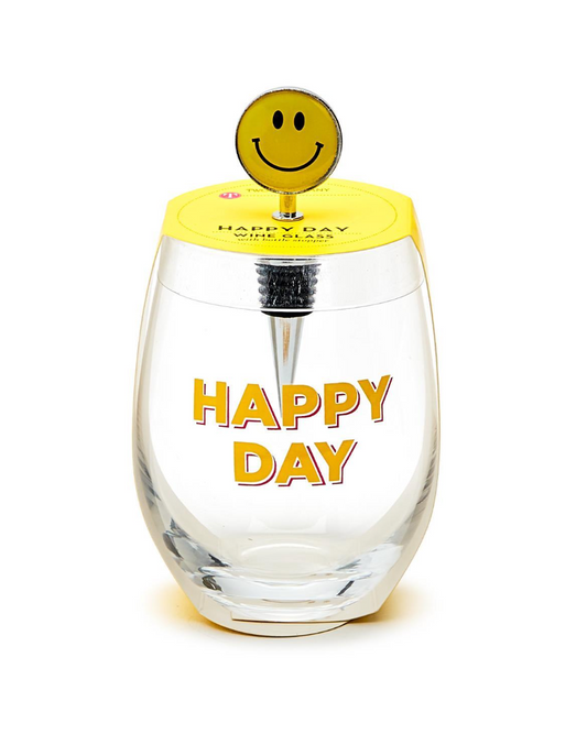 Happy Day Stemless Wine Glass And Bottle Stopper