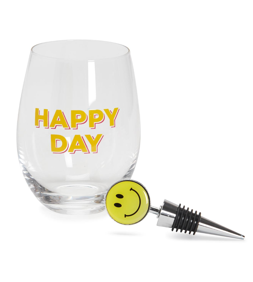 Happy Day Stemless Wine Glass And Bottle Stopper