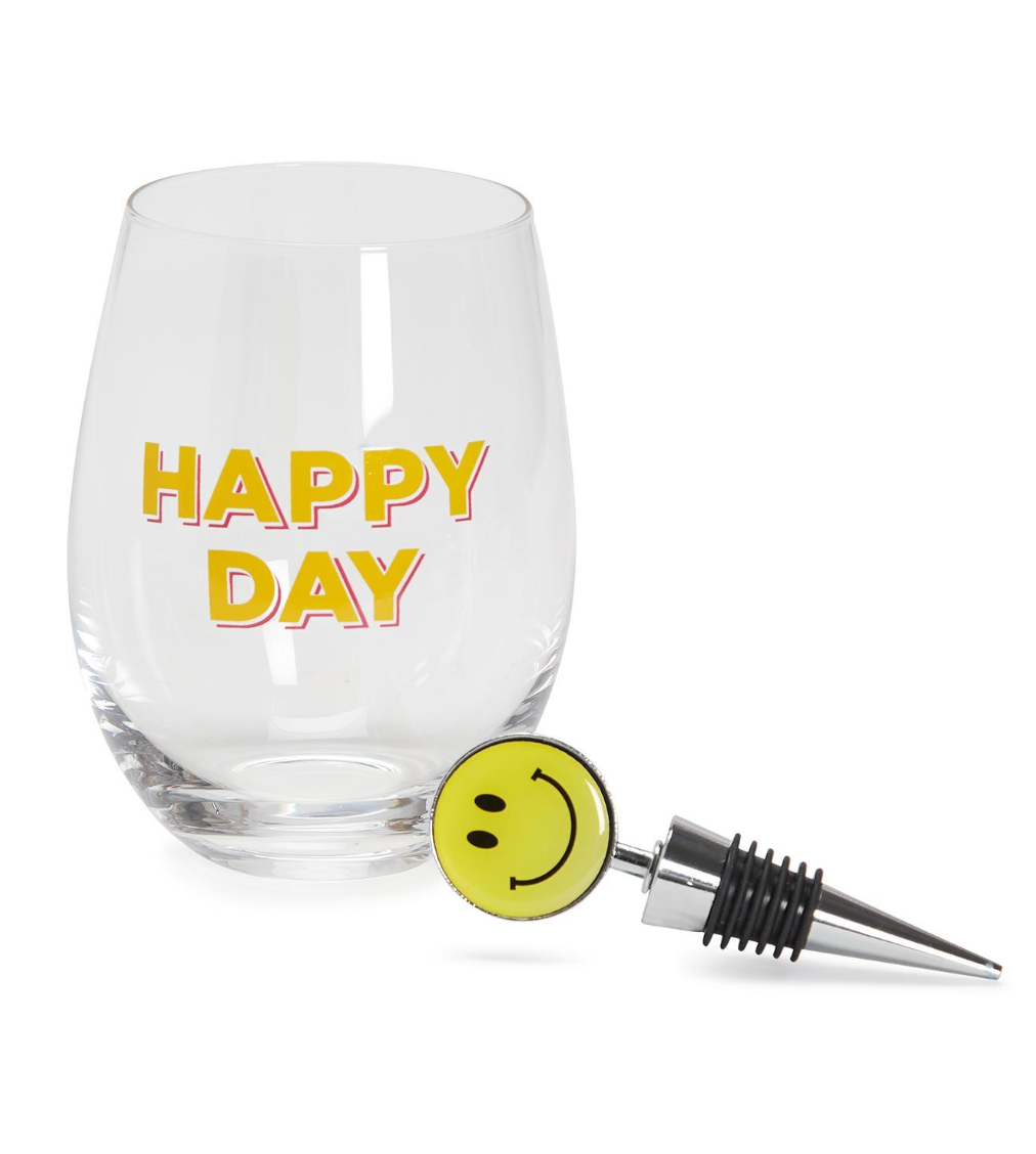 Happy Day Stemless Wine Glass And Bottle Stopper - Beau Outfitters