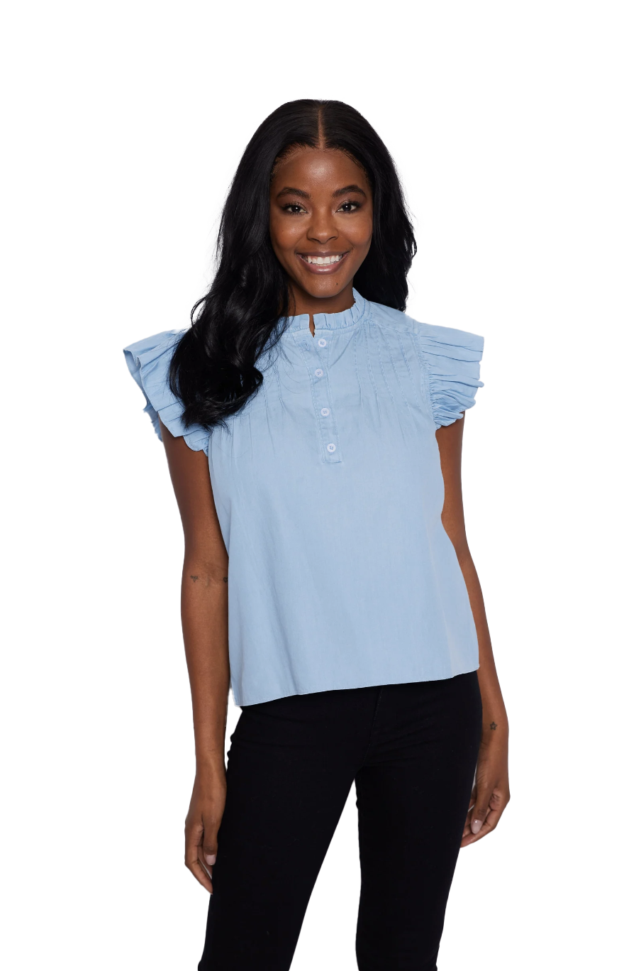 Ws Pintuck Flutter Sleeve Top Lt. Chambray - Beau Outfitters