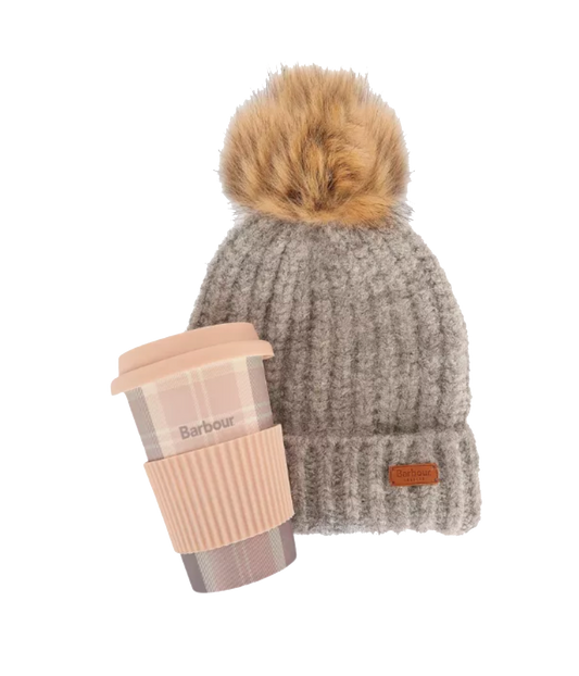 Ws Barbour Travel Mug / Beanie Gift Set Pink / Grey - Beau Outfitters