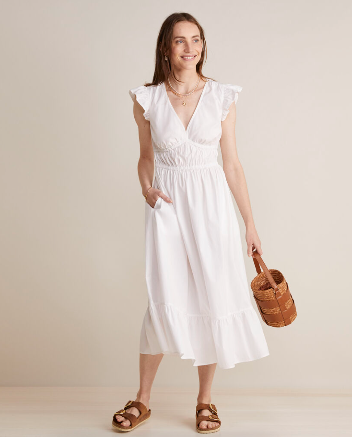 Ws Poplin V-Neck Midi Dress White Cap - Beau Outfitters