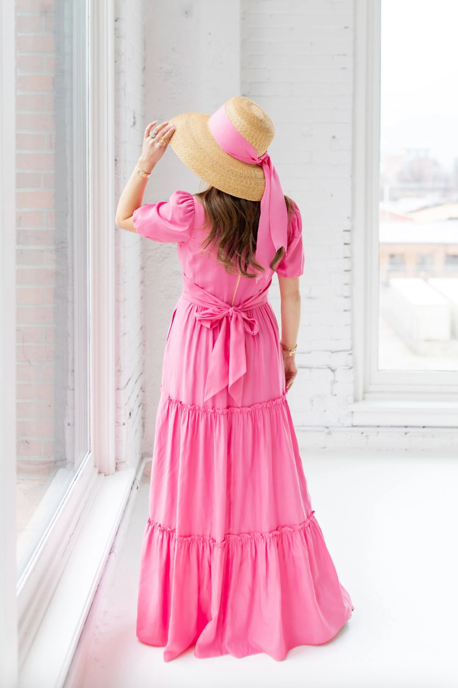 Ava V-Neck Puff Sleeve Maxi Dress Hibiscus