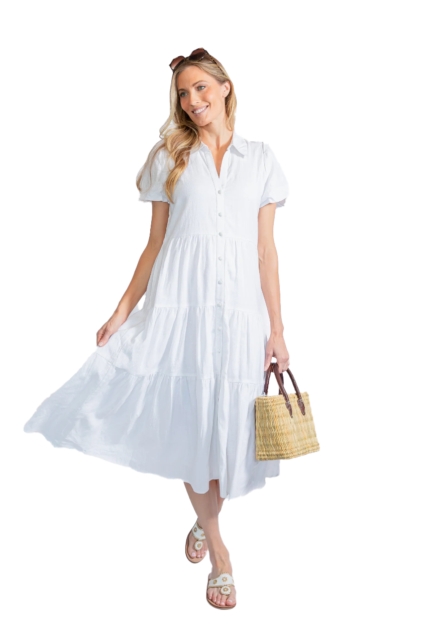 Ws Puff Sleeve Button Front Midi Dress White