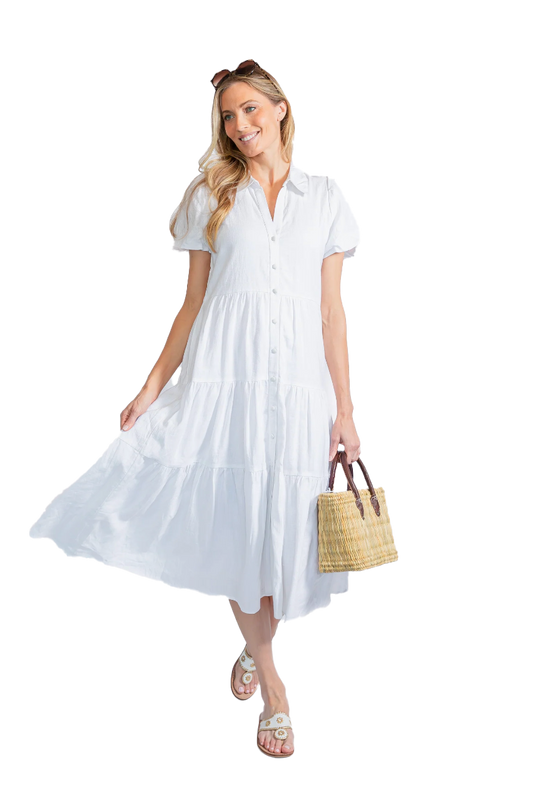 Ws Puff Sleeve Button Front Midi Dress White