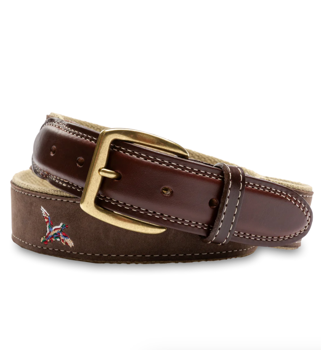 Embroidered Mallard Nubuck Belt Brown - Beau Outfitters