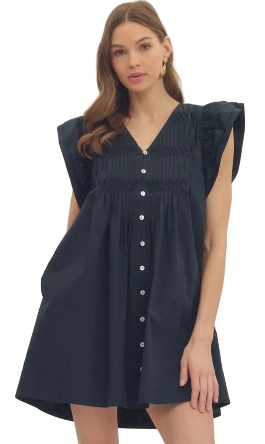 Ws Flutter Sleeve Pleat Front Mini Dress Black