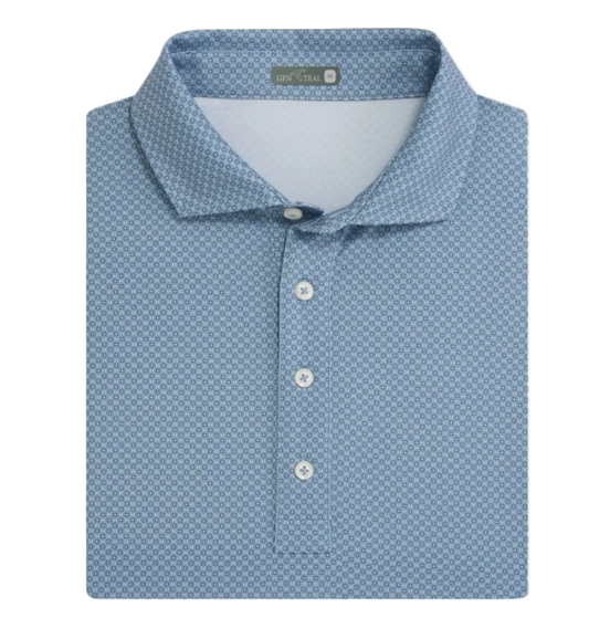 Folded blue geometric print performance polo shirt with white buttons and collar