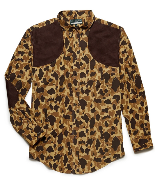 Ball and Buck camo button-down field shirt with brown suede shooting shoulders and elbow patches