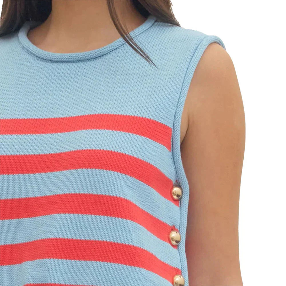 Ws Stripe Sleeveless Knit Top with Gold Button Side Detail Blue
