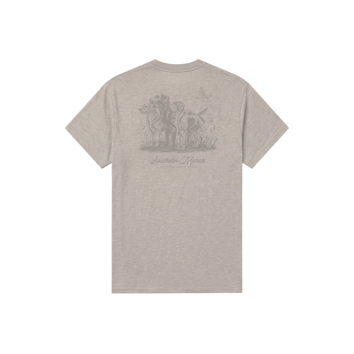 Southern Marsh heather taupe t-shirt back graphic featuring two hunting dogs and flying bird