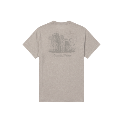 Southern Marsh heather taupe t-shirt back graphic featuring two hunting dogs and flying bird