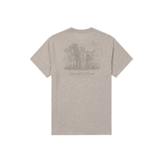 Southern Marsh heather taupe t-shirt back graphic featuring two hunting dogs and flying bird