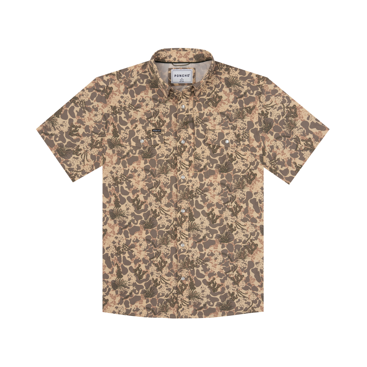 Mens short sleeve button-up shirt in tan desert camo with cacti print