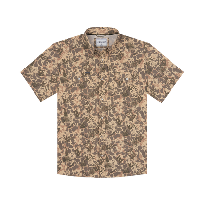 Mens short sleeve button-up shirt in tan desert camo with cacti print