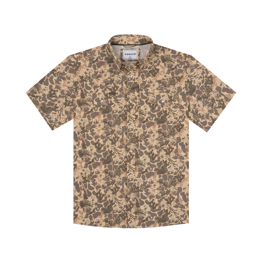 Mens short sleeve button-up shirt in tan desert camo with cacti print