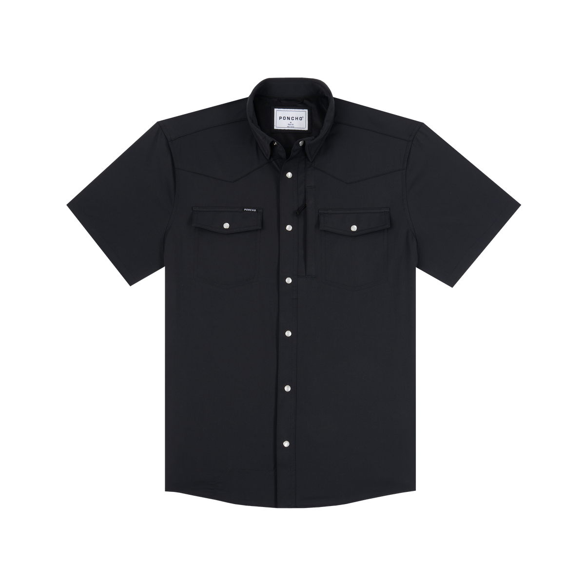 Black short-sleeve western shirt with pearl snaps and dual chest pockets