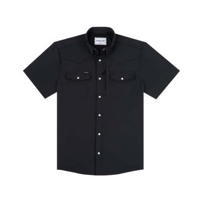 Black short-sleeve western shirt with pearl snaps and dual chest pockets
