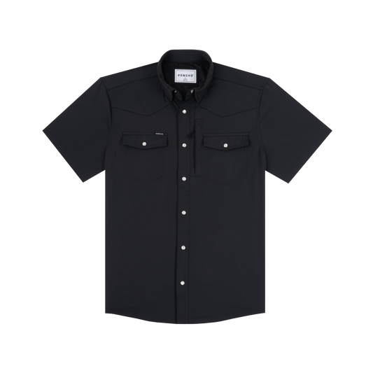 Black short-sleeve western shirt with pearl snaps and dual chest pockets
