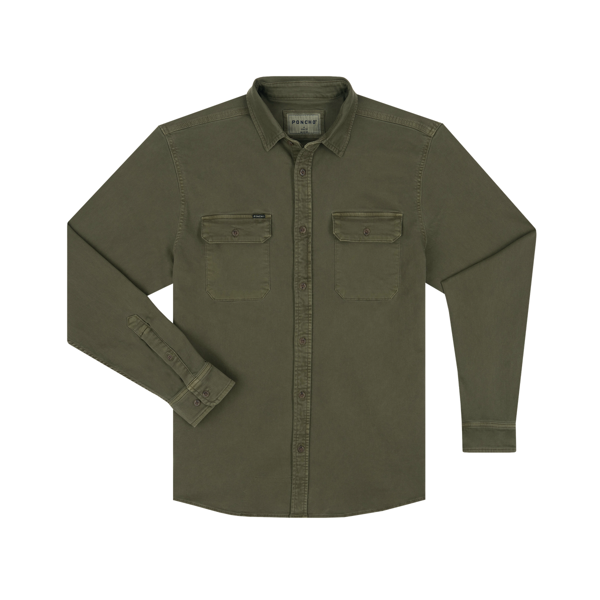 Olive green long-sleeve denim shirt with dual chest pockets and button front