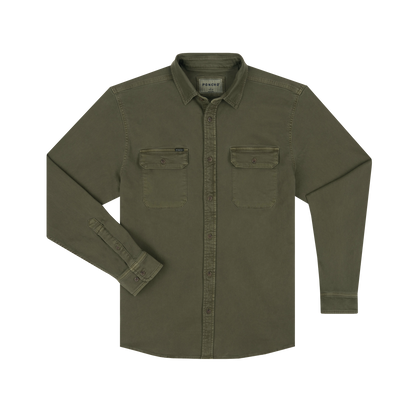 Olive green long-sleeve denim shirt with dual chest pockets and button front
