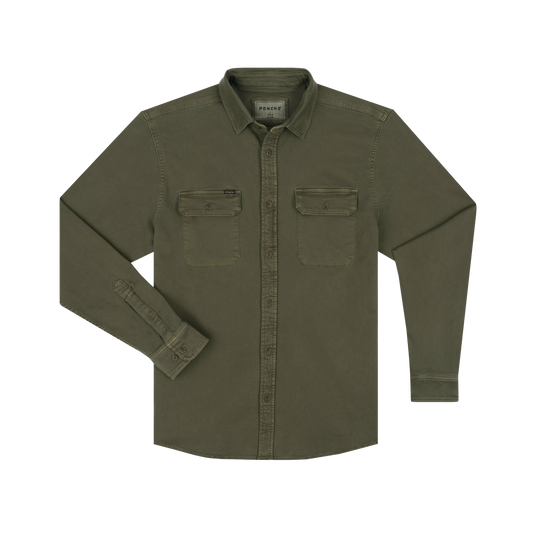 Olive green long-sleeve denim shirt with dual chest pockets and button front