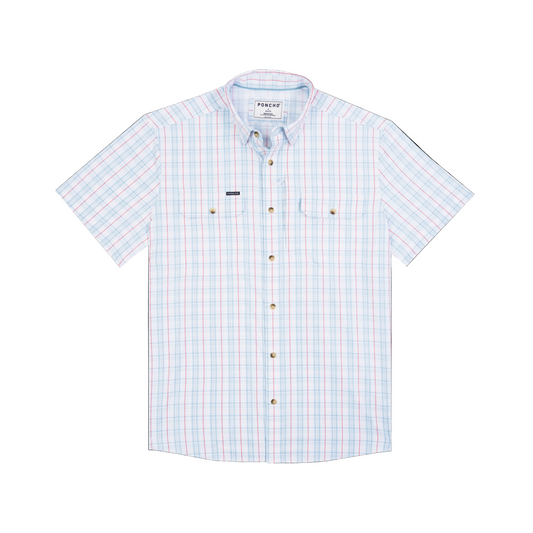 Poncho short sleeve plaid shirt in white, red, and blue checkered pattern with chest pockets