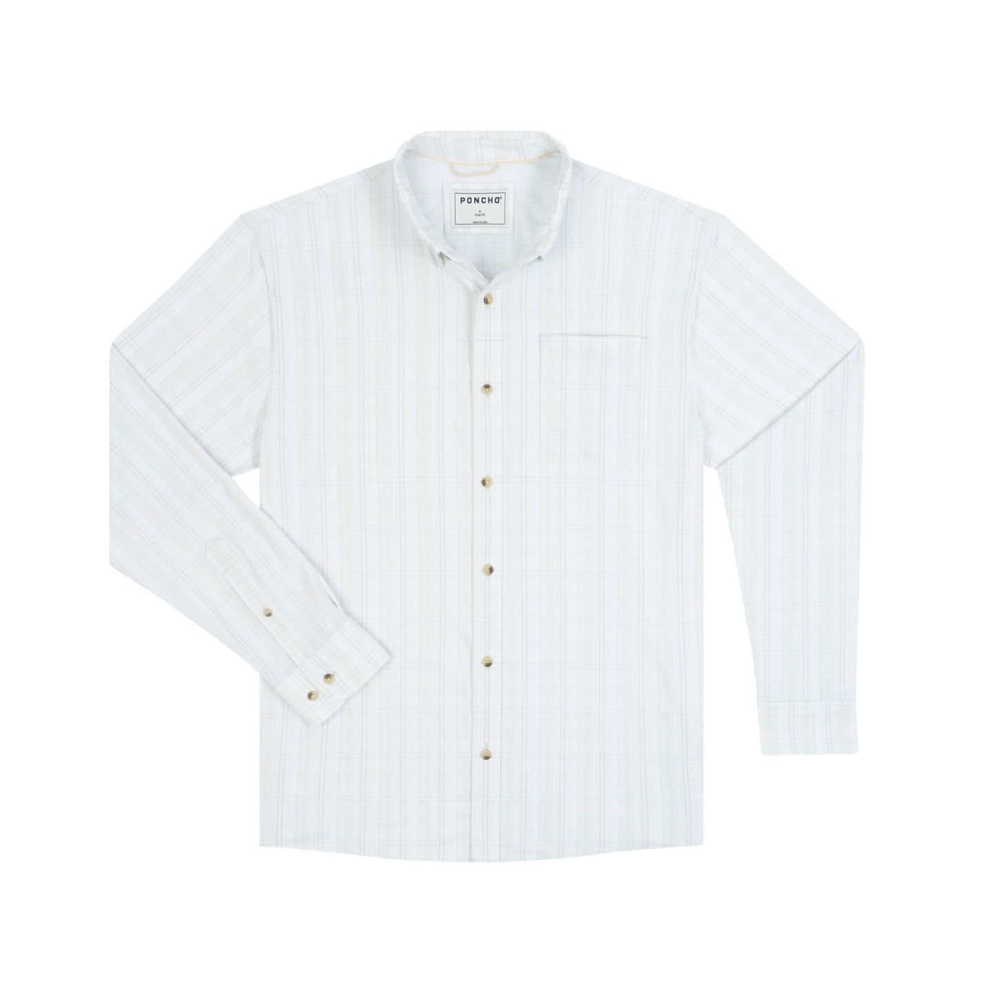 White long-sleeve button-down shirt with subtle grey-green plaid stripe pattern