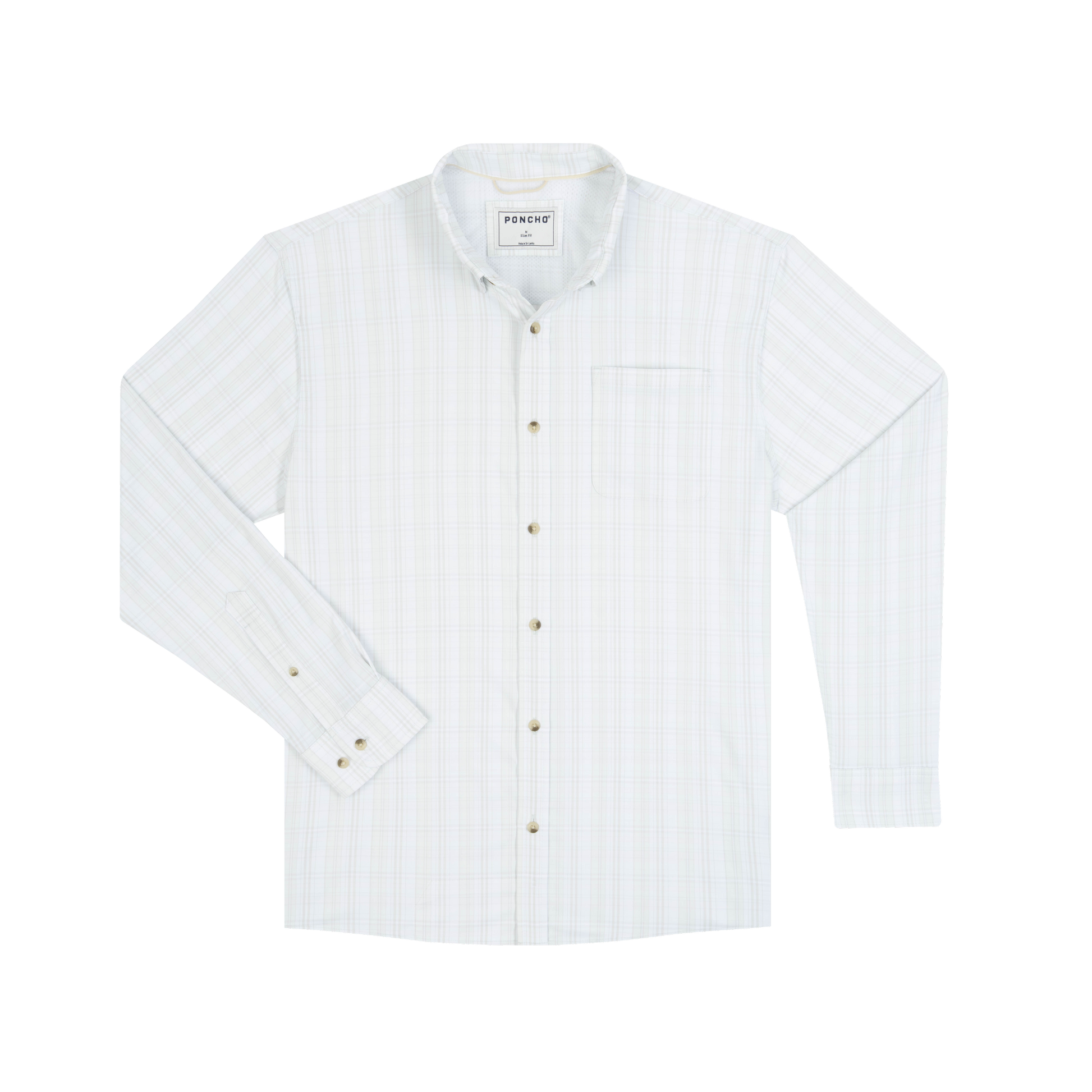 White long-sleeve button-down shirt with subtle grey-green plaid stripe pattern