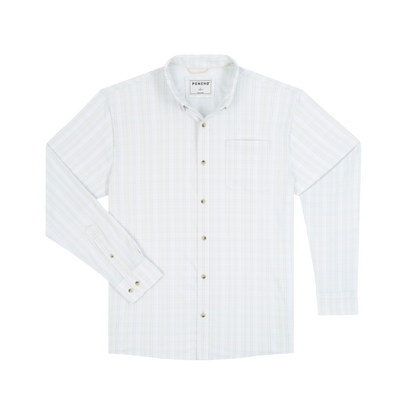 White long-sleeve button-down shirt with subtle grey-green plaid stripe pattern