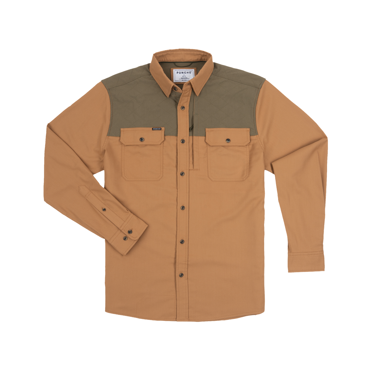 Poncho Outdoors tan and olive green two-tone long sleeve flannel shirt with chest pockets