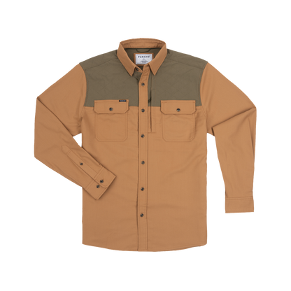 Poncho Outdoors tan and olive green two-tone long sleeve flannel shirt with chest pockets