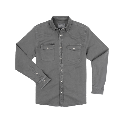 Dark grey long-sleeve denim western shirt with snap buttons and dual chest pockets