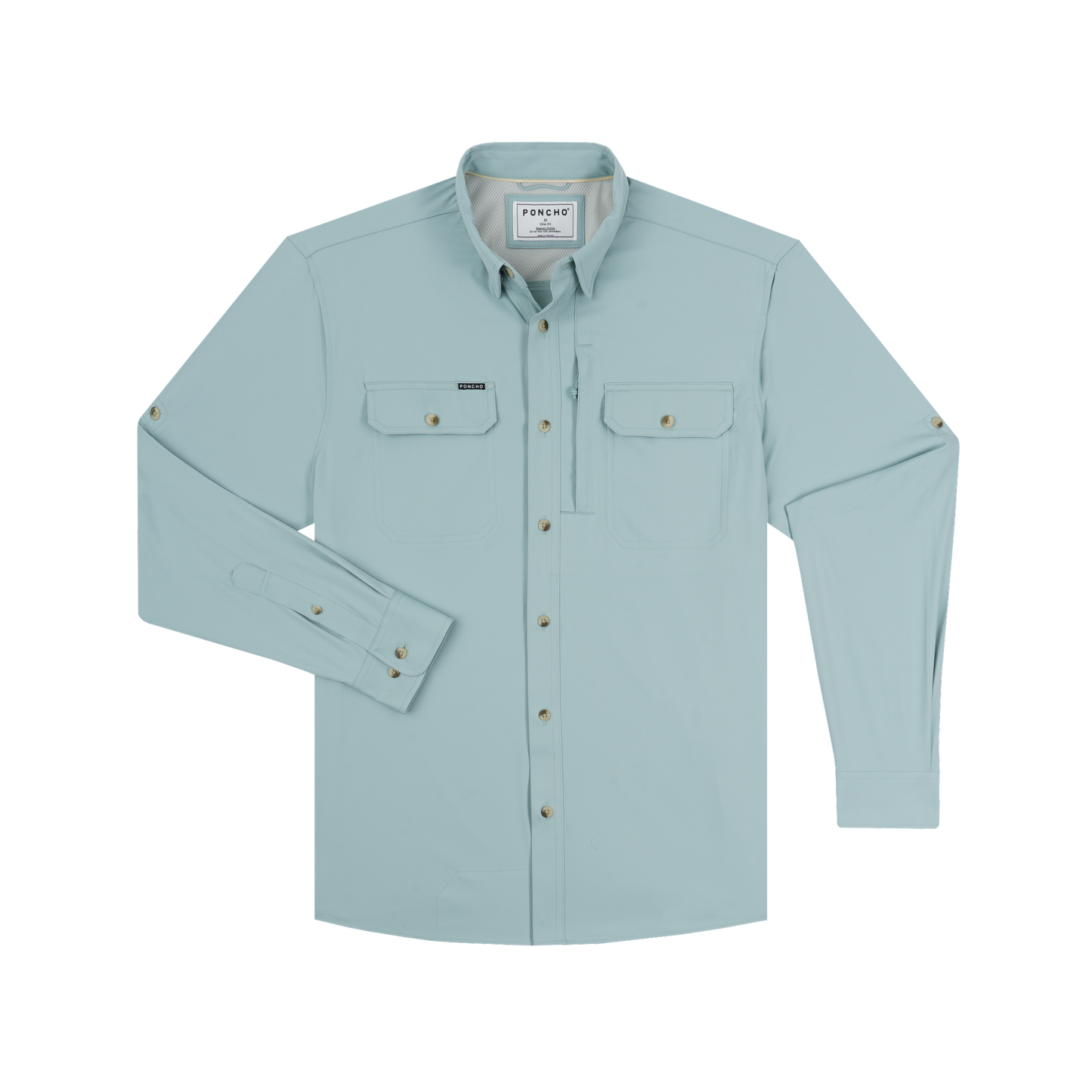 Light teal long-sleeve fishing shirt with button front and dual chest pockets