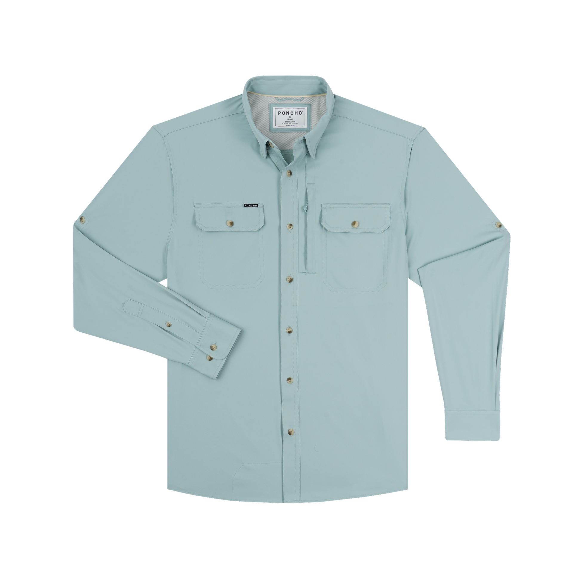 Light teal long-sleeve fishing shirt with button front and dual chest pockets