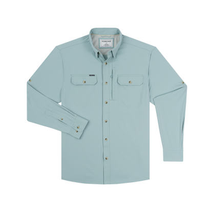 Light teal long-sleeve fishing shirt with button front and dual chest pockets