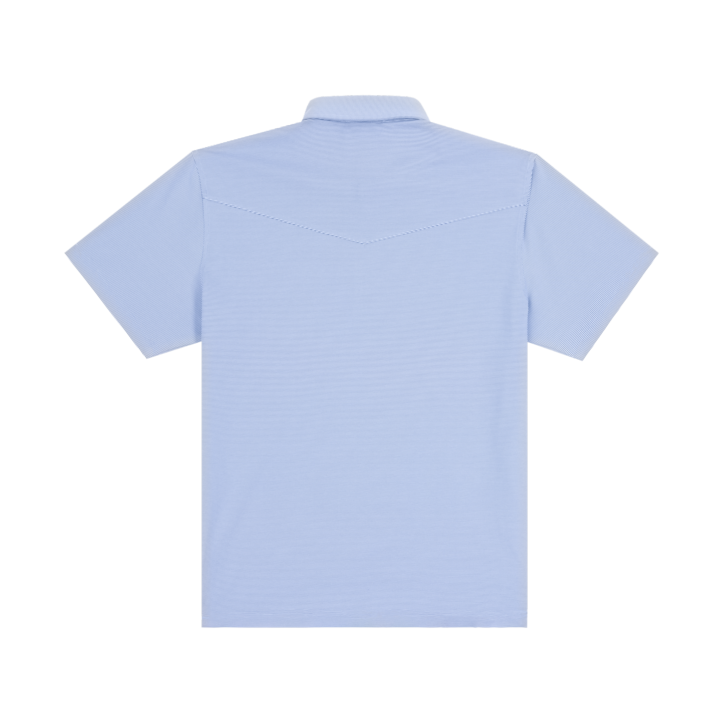 Back view of a light blue fine-striped short-sleeve polo shirt with western yoke seam